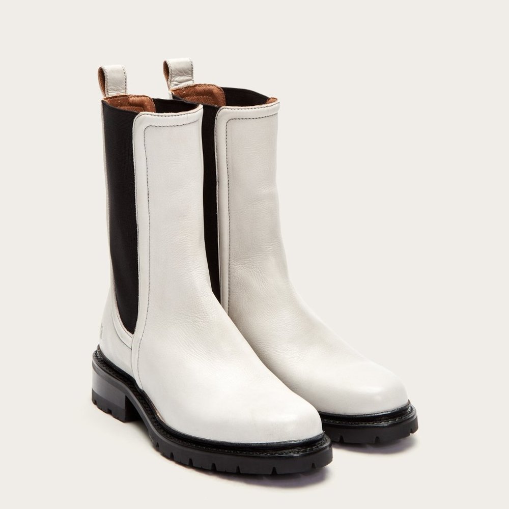 $499 Frye Chloe White Real Leather Black Retro Comfy Elastic Pull On Ankle Boot - Picture 2 of 16